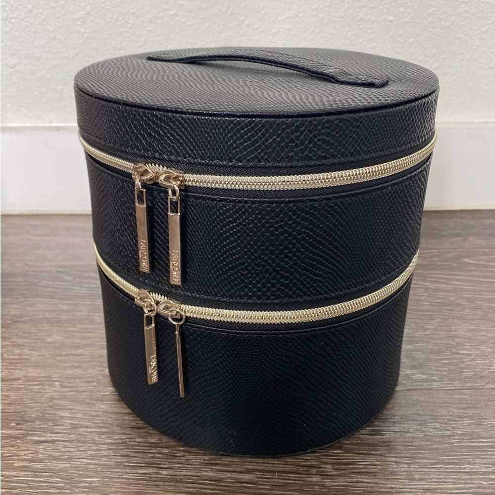 Lancôme Train Case Round Black Leather 2 Layer Cosmetic Makeup Bag Organizer